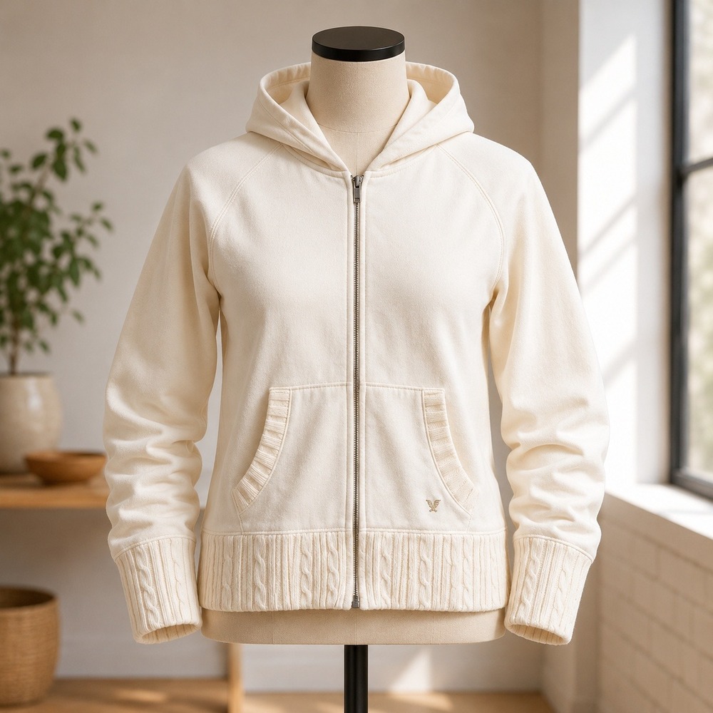 American Eagle Full Zip Hoodie Womens XL Cream Cable Knit Trim Fleece Jacket‎